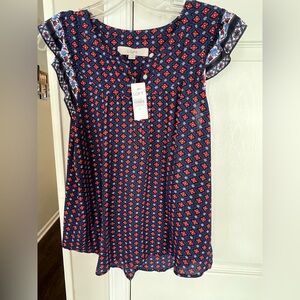 LOFT Navy and Red Patterned Top Blouse Shell Size Small NWT